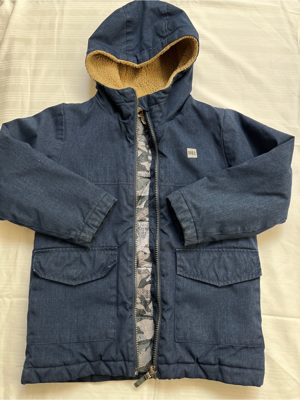 MEC Kids Navy Sherpa Hooded Insulated Midweight Fall Transition Jacket 5